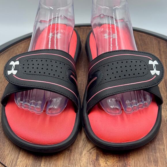 UNDER ARMOUR Sandals Youth Girl Size 10 Black and Pink Hook and Loop Slides - Picture 3 of 11